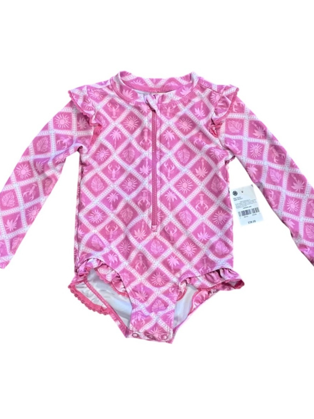 Oshkosh B’gosh Pink Long Sleeve Swim Suit Full Zip Ruffle Lace Snap NWT 18 Mos
